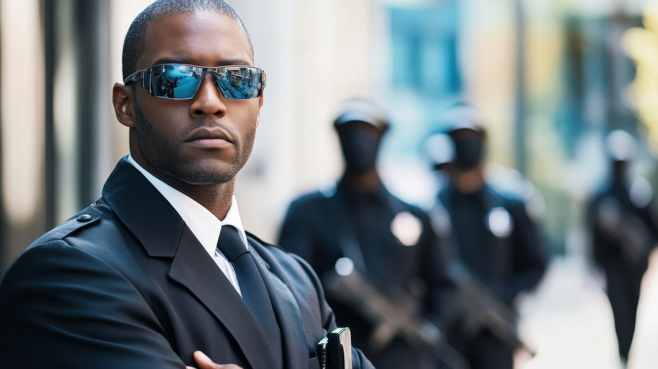 Experienced security guard with a team of bodyguards keeping a close watch, Team of security guards in uniforms isolated on white background